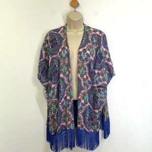 Victoria Secrets -  Colorful Paisley Rayon Fringe Short Sleeve Kimono Size XS /S
